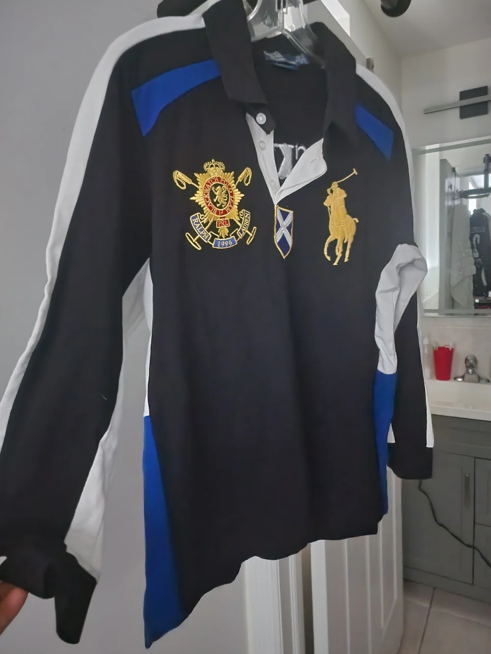 Ralph Lauren Black and Blue Long-Sleeve Rugby Polo with Gold Crest